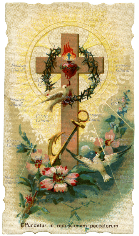 SANTINO con immagine allegorica: una Croce e al centro il Sacro Cuore fiammeggiante che emana luce, una colomba raffiguarantoe lo Spirito Santo si posa sulla corona di spine, ai piedi della Croce, un\