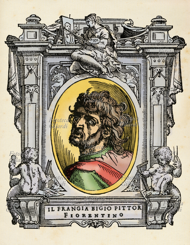 FRANCIABIGIO (1482 circa - 24 gennaio 1525), nome col quale è meglio noto Francesco di Cristofano, pittore italiano. Il ritratto in ovale è racchiuso in una cornice decorata con figure allegoriche e strumenti delle arti. Illustrazione colorizzata su base xilografica del XVI secolo, dal trattato \