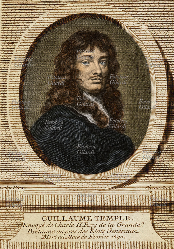 Sir William TEMPLE (1628 - 1699) diplomatico e scrittore inglese. Negoziò nel 1678 la pace di Nimega. Stampa colorata del XVIII secolo.
