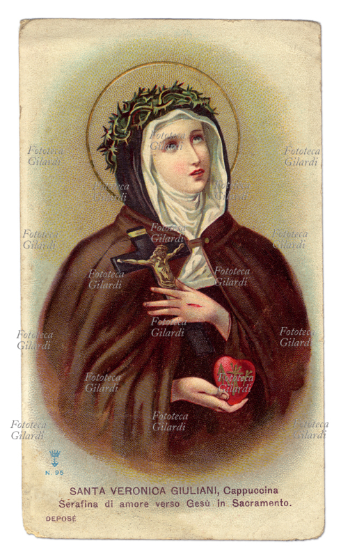 SANTA VERONICA GIULIANI (1660-1727) cappuccina, serafina di amore verso Gesù in Sacramento. Immaginetta popolare raffigurante la Santa con in mano il Sacro Cuore e il Crocifisso. Cromolitografia, 1898