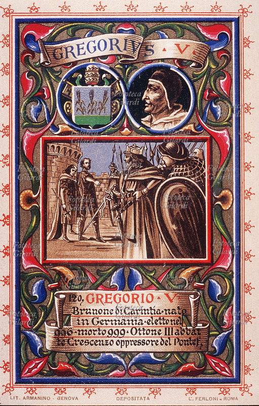 PAPA GREGORIO V Brunone di Carintia, nato in Germania, eletto nel 996, morto nel 999. Ottone III abbatte Crescenzo, oppressore del Pontefice. Da serie cromolitografica dedicata a Papa Pio X e da Lui benedetta. Roma, 1903.