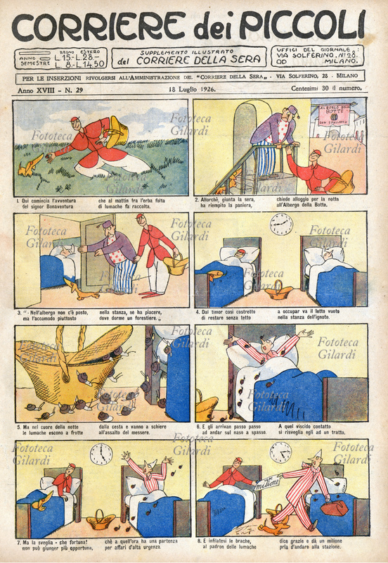 LE AVVENTURE DEL SIGNOR BONAVENTURA il celebre, fortunato personaggio che viene sempre riccamente premiato per le sue doti di onestà e rettitudine. Dopo aver trascorso la giornata raccogliendo lumache, il nostro eroe cerca albergo per la notte, ma trova solo un letto in una camera doppia, dove un forestiero sta già dormendo. Alle cinque del mattino le lumache, evase dal cestino, svegliano il viaggiatore che, tutt\