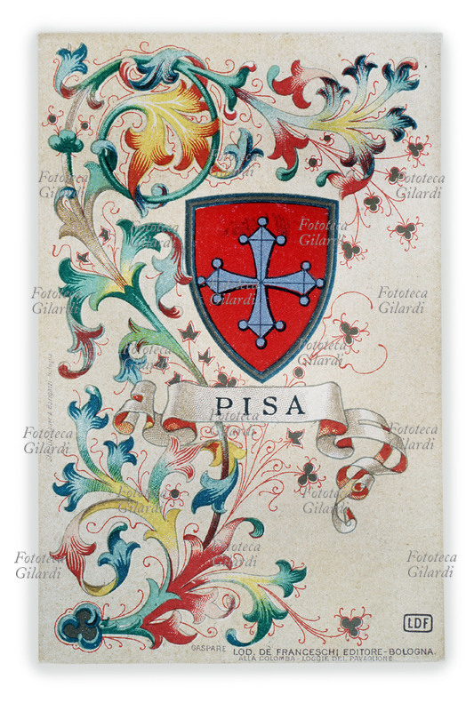 PISA stemma della città. In campo rosso, croce patente ritrinciata e pomata di dodici globetti. Cromolitografia, Stabilimento litografico Sauer & Barigazzi, Bologna. Gaspare Lod. Dè Franceschi Editore, Bologna 1900