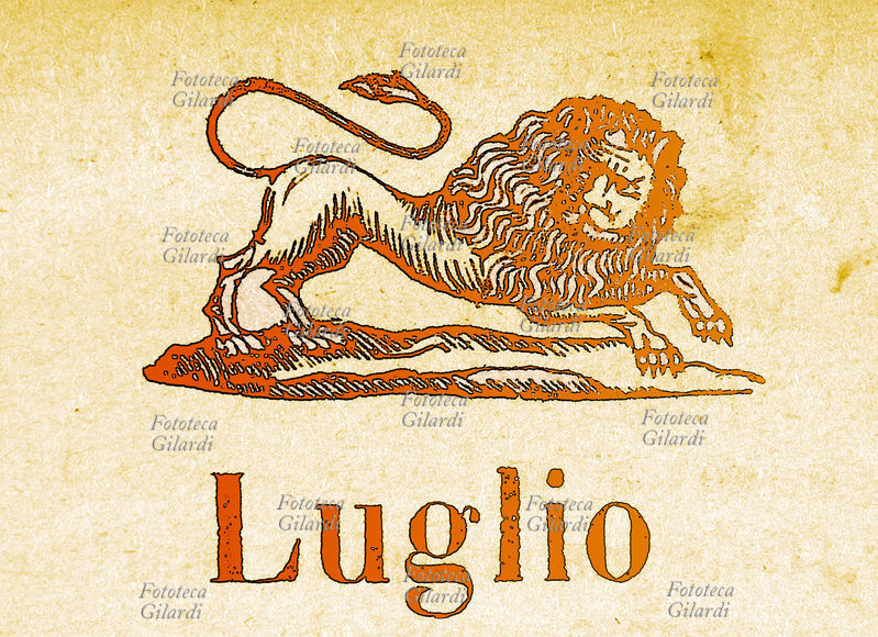 ZODIACO Leone, Luglio. Elaborazione di xilografia da almanacco del 1913 \