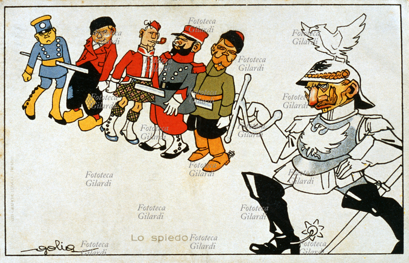 The GM ITALY skewer. William II of Prussia stabs with the sword as a long spit of five dolls in the likeness of the enemies allies: Russia, France, Great Britain, Belgium, Japan. Satire on alliances between nations, chromolithograph illustration of Goliath (aka Eugene Hum, 1885-1967), Italy, 1915.