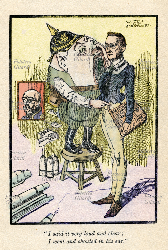 CARICATURA "I said it very loud and clear; - I went and shouted in his ear.". Humpty Dumtpy è raffigurato zannuto e con l\