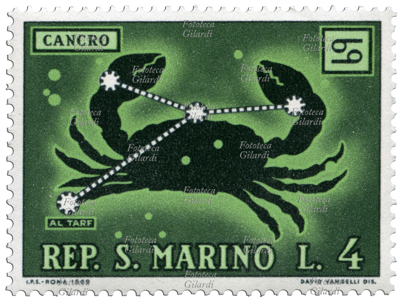 ZODIACO Costellazione del Cancro, raffigurazione con il simbolo astrologico e la stella principale Al Tarf. Francobollo di una serie emessa dalle Poste sammarinesi rappresentante i segni dello Zodiaco. Disegno di David Vangelli (7 maggio 1959), tipo di stampa: fotoincisione, valore nominale L. 4. Repubblica di San Marino, emissione 18 febbraio 1970
