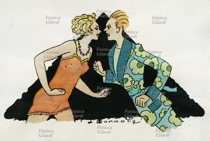 COPPIA Litigio di una giovane coppia, entrambi in abito da notte. Il grande triangolo nero sullo sfondo esalta la postura altamente aggressiva dei due contendenti: il corpo proteso, i visi che si sfiorano, le braccia contratte nei pugni chiusi, i visi deformati in smorfie di minaccia, tutto esprime lo stato di furore che pervade i litiganti, in un contrasto quasi grottesco con la tenera intimità dell\