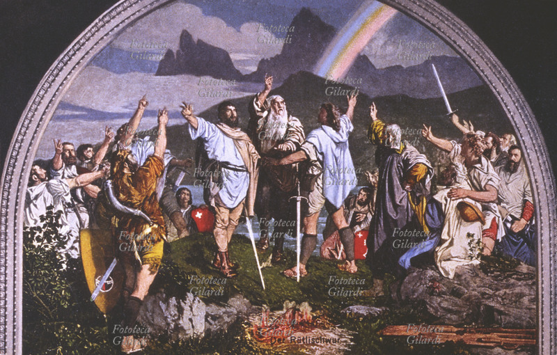 SVIZZERA Allegoria del patto stretto il 12 agosto del 1291 dai rappresentanti dei Cantoni di Uri, Schwyz e Unterwalden contro il dominio degli Asburgo, origine della creazione della Federazione Elvetica. Cromolitografia dal dipinto su parete di Ernt Stückelberg (21 febbraio 1831 - 14 settembre 1903), Svizzera 1910 circa.