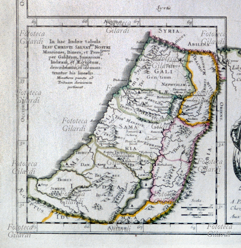 GEOGRAFIA SACRA La Terra promessa. Riquadro dalla carta che riporta i luoghi di permanenza, i viaggi e i pellegrinaggi di Gesù Cristo e degli Apostoli Pietro e Paolo (intero in #38831). Carta disegnata da Nicolas Sanson (1600-1667), geografo reale francese, pubblicata postuma. Parigi, 1699