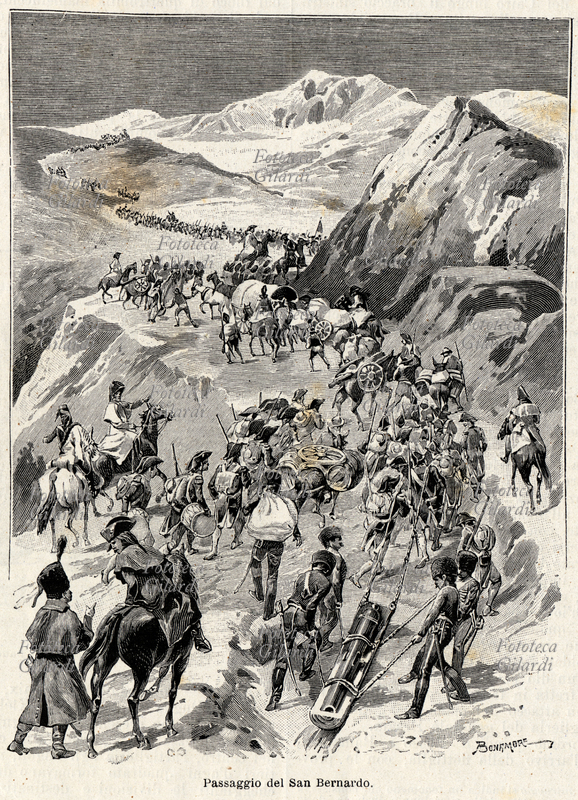 Napoleone BONAPARTE (15 agosto 1769 – 5 maggio 1821). Il Primo Console conduce la cosiddetta Armata di riserva attraverso il passo del San Bernardo per sorprendere le forze austriache impegnate nell\