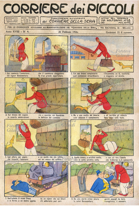 LE AVVENTURE DEL SIGNOR BONAVENTURA il celebre, fortunato personaggio che viene sempre riccamente premiato per le sue doti di onestà e rettitudine. Nei panni di commesso viaggiatore, il nostro eroe si trova su un treno, ma i sobbalzi gli fanno cascare il campionario sulla testa, perciò lo assicura ad un misterioso anello che pende dal soffitto; al prossimo sobbalzo il bagaglio cade di nuovo e tira l\