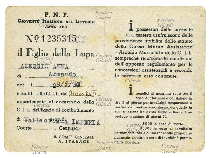 FASCISMO tessera della Gioventù Italiana del Littorio dell\