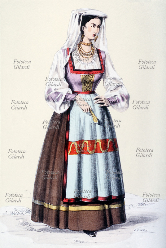 CALABRIA costume tradizionale femminile la giovane donna tiene un piccolo ventaglio chiuso nella mano destra. Tavola n. 40 da \