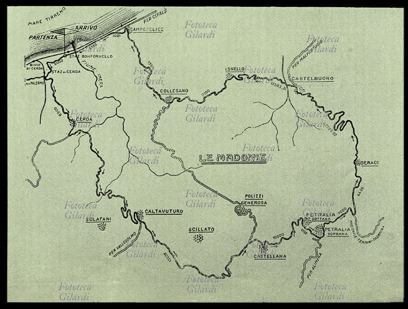 AUTOMOBILISMO Map of the first Targa Florio trophy in 1906. The Grande Madonie circuit, for a total of 148.823 km, starting from Contrada Pistavecchia (Campofelice di Roccella) and continuation of the itinerary: Cerda Paese, Caltavuturo, Castellana, Petralia Sottana, Petralia Soprana, Geraci, Castelbuono, Isnello, Collesano, to return to Contrada Pistavecchia (Campofelice di Roccella). The circuit was used for the first six editions of the race, from 1906 to 1911 inclusive, and a seventh time in 1931. Italy, 1906