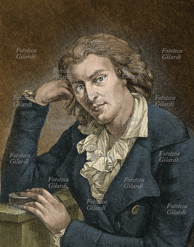 Friedrich SCHILLER (10 novembre 1759 - 9 maggio 1805) ritratto allo scrittoio del poeta, storico e drammaturgo tedesco. Incisione colorata, Germania XIX secolo.