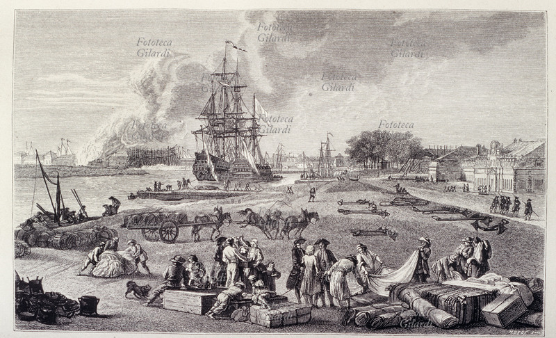 COLONIALISMO Il porto di Rochefort, carico e scarico di prodotti provenienti dalle colonie francesi in America. Incisione da dipinto di Vernet da trattato storico del 1873