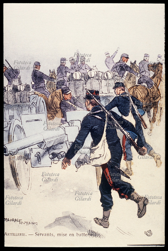 UNIFORMS France: Artillery. Inservienti, preparation of the batteries of guns. Litografia acquarellata from design of Maurice Foussaint, 1910
