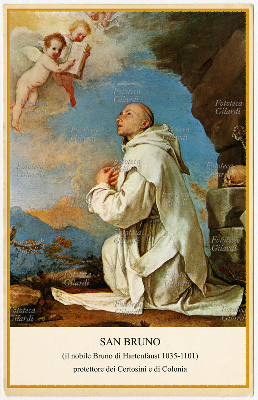 SAINT BRUNO of Cologne (1035 - 1101) Founder of the Carthusian order, he taught philosophy and theology in Reims. In 1091 he retired to Calabria where he founded several monasteries. Devotional image based on a painting by Jusepe de Ribera (1591 – 1652), Italy, 19th century.