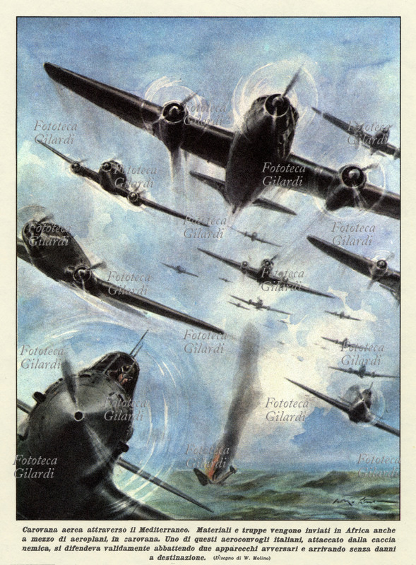 II GUERRA MONDIALE "Carovana aerea attraverso il Mediterraneo. Materiali e truppe vengono inviati in Africa anche a mezzo di aeroplani, in carovana. Uno di questi aeroconvogli italiani, attaccato dalla caccia nemica, si difendeva validamente abbattendo due apparecchi avversari e arrivando senza danni a destinazione". Disegno di Walter Molino (5 novembre 1915 – 8 dicembre 1997) per la IV di copertina de "La Domenica del Corriere". Milano, 10 gennaio 1943