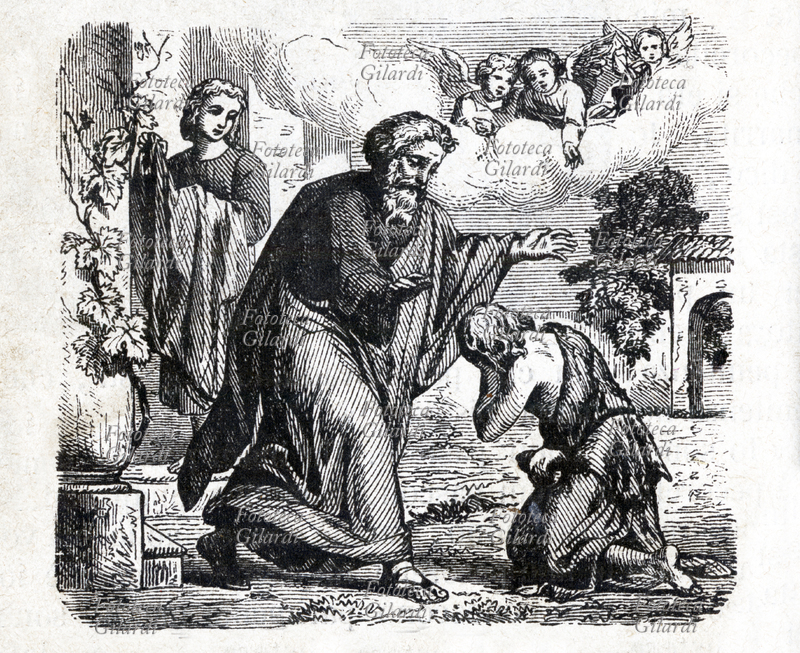 BIBBIA La parabola del figliol prodigo, dal Vangelo secondo Luca; illustrazione da una edizione della Bibbia popolare stampata in Italia 1900 circa