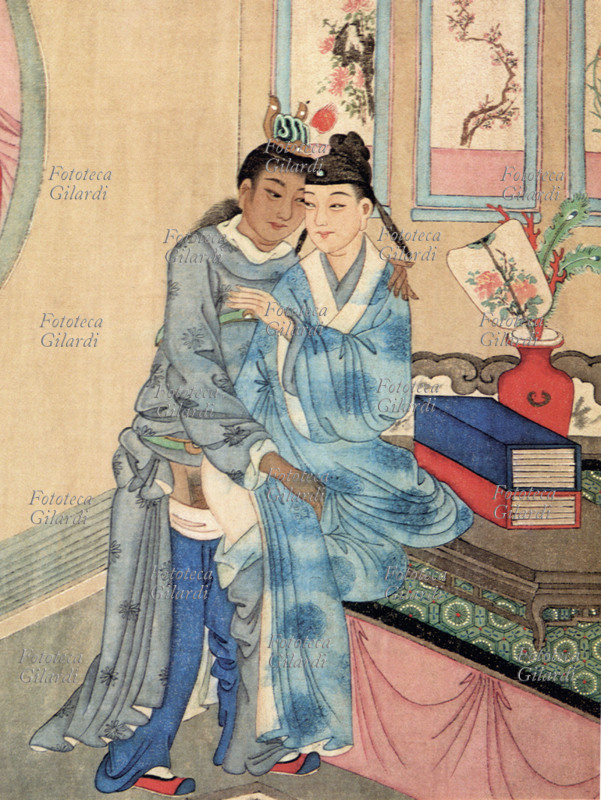 EROTISMO Cina Giochi amorosi di una giovane coppia. Stampa cinese XIX secolo