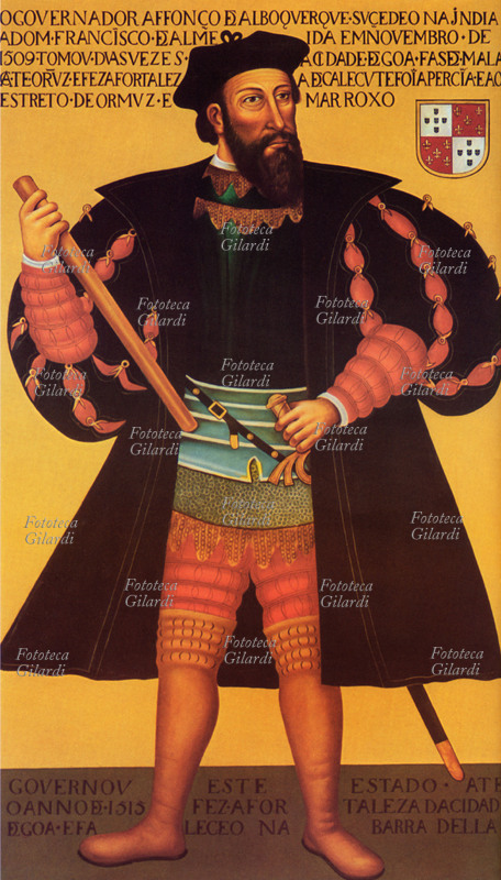 Alfonso de Albuquerque (1453 - December 16, 1515) Portuguese naval general. He waged war against the Turks along the Italian coast and against the Moors in Morocco. He occupied Goa in 1510, expanded and consolidated the Portuguese colonial empire, conquering the coasts of Malabar, Ceylon, and the Malacca Peninsula, a link between the Indian and Pacific Oceans; he penetrated the Red Sea and garrisoned Ormuz, where he built fortresses as military bases and trading posts. Print after an anonymous 16th-century painting, Portugal, 19th century.