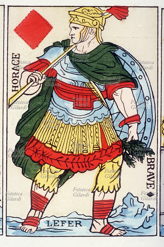 CARTE DA GIOCO Orazio (8 dicembre 65 a.C. – 27 novembre 8 a.C.), Eroe di quadri, da un mazzo di carte rivoluzionario pubblicato da Antoine Lefer a Parigi nell\
