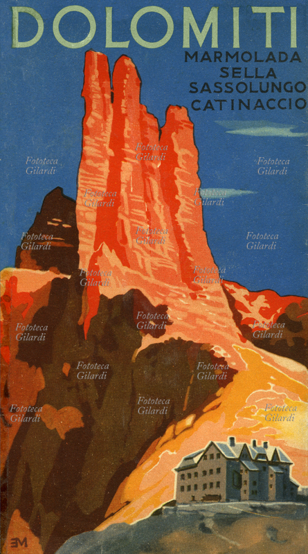 MOUNTAIN geographical map Cover of the Dolomit territories: Marmolada, Sella, Sassolungo, Catinaccio; illustration refuge at the foot of the Vajolet Towers at sunset, in the bolt group. Italy 1940