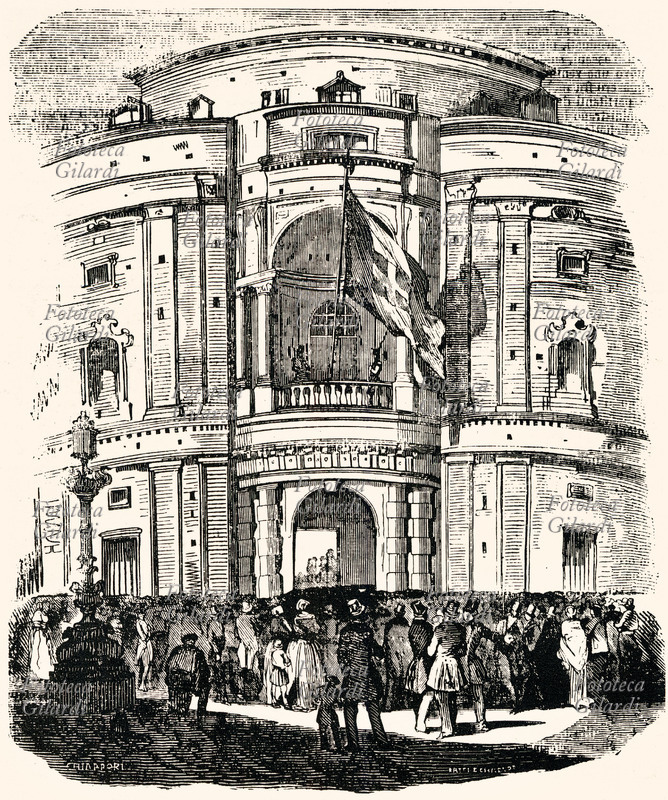 RISORGIMENTO Palazzo Carignano, seat of the Subalpine Parliament in Turin. Woodcut by Francesco Ratti (1819-1895) and Hubert Charlot based on a drawing by Carlo Chiappori, Italy, 19th century.