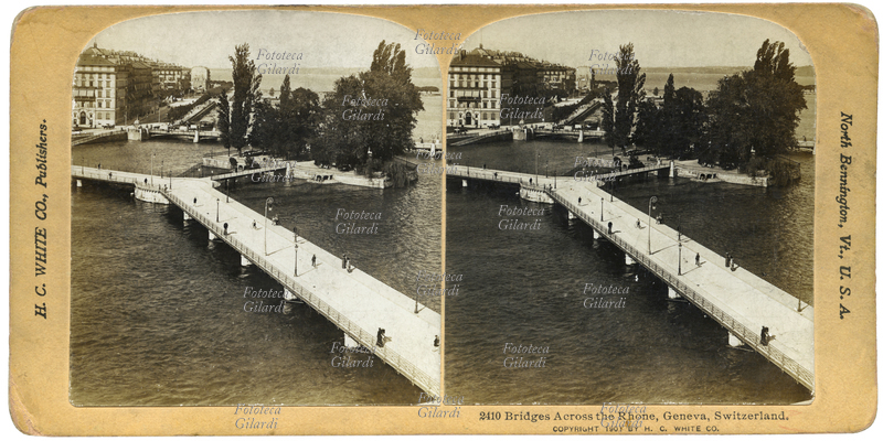 GINEVRA Veduta fotografica dei ponti sul Rodano. Fotografia stereoscopica H. C. White CO (U.S.A.), Svizzera 1901