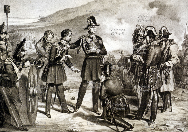 CARLO ALBERTO, sconfitto a Novara abdica in favore del figlio Vittorio Emanuele II. Litografia di Lerrin su disegno di Giuseppini, 23 marzo 1849