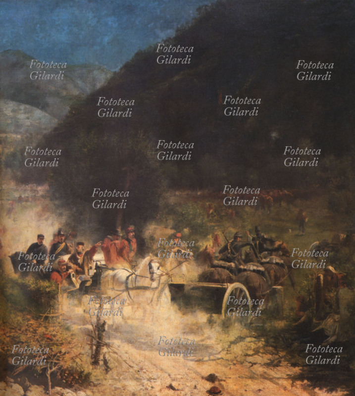 Giuseppe GARIBALDI (4 luglio 1807 – 2 giugno 1882) ferito a Bezzecca (Trento) dirige la battaglia del 21 luglio 1866 dalla carrozza. Dipinto di Felice Zennaro (1833 - 1926), per lungo tempo attribuito erroneamente a Fausto Zonaro. Italia, 1866.