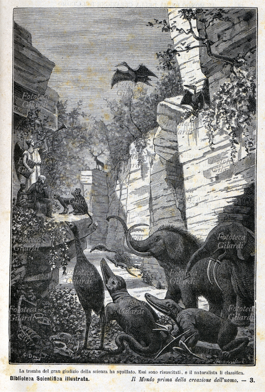 PREISTORIA La tromba del gran giudizio della scienza ha squillato. Essi sono risuscitati e il naturalista li classifica. Didascalia originale, che esprime pienamente lo spirito progressista Ottocentesco, dell\