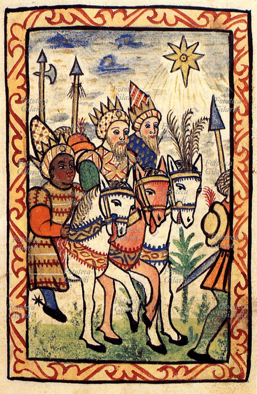 RE MAGI a cavallo, miniatura da manoscritto italiano del XVI secolo.
