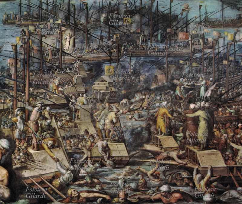 Giorgio VASARI (1511-1574) Battaglia di Lepanto Scontro navale tra la flotta di Mehmet Alì Pascià e quella della lega santa, composta di spagnoli, veneziani e pontifici al comando di don Giovanni d\