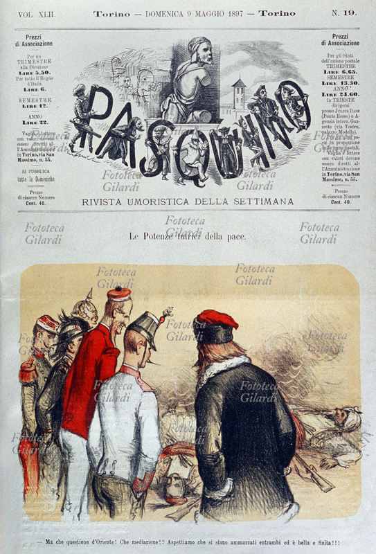 GUERRA GRECO-TURCA Austria, Francia, Italia, Inghilterra, Germania e Russia osservano senza muovere un dito i corpi di un greco e un ottomano caduti in battaglia. "Le Potenze tutrici della pace: - Ma che questione d\