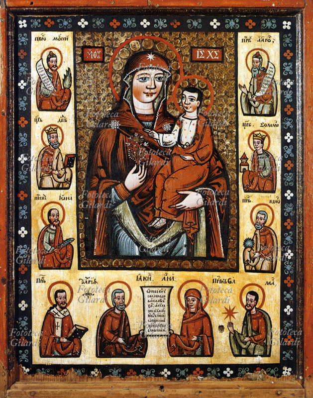 ICONA RUSSA Madonna Odigitrija con profeti, icona dal ciclo dei Santi Patroni. Scuola della Galizia fine del XVI secolo
