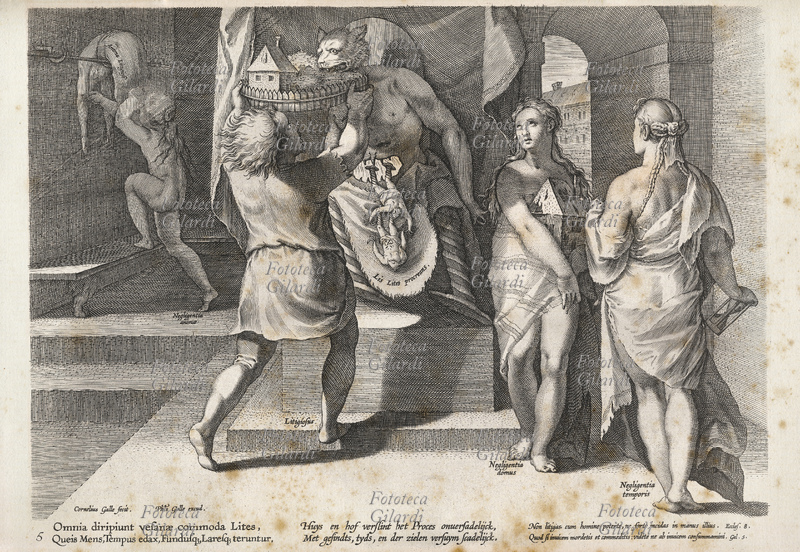 ALLEGORIA Abuso di diritti di proprietà, incisione di Cornelius Galle e Philips Galle, Paesi Bassi, 1593 - 1597 ca.