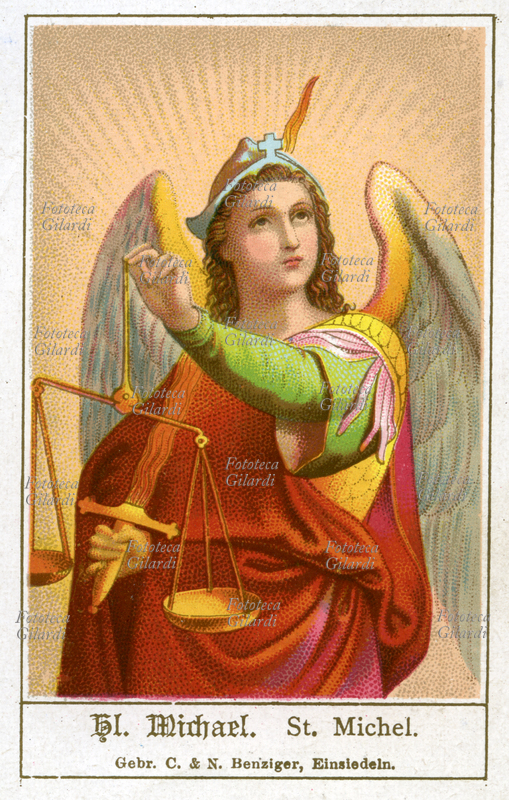 SANTINO San Michele Arcangelo, con la spada che ha sconfitto Satana e la bilancia per pesare le anime. Immagine devozionale cromolitografica, Einsiedeln, Svizzera, 1900 circa
