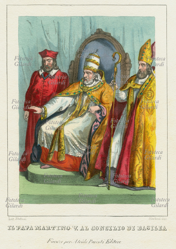 PAPA MARTINO V Ottone Colonna, nato a Roma, nel 1368, eletto nel 1417, morto nel 1431. Entrò trionfalmente in Roma nel 1420 dopo la cessazione del Grande Scisma d\