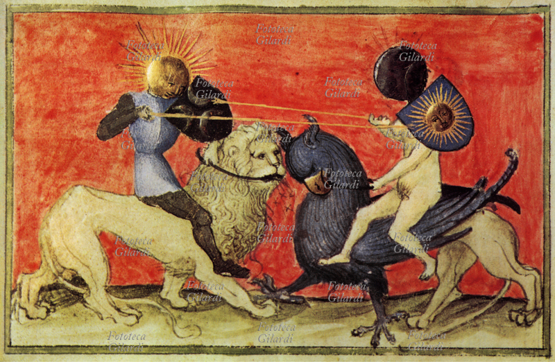 ALCHIMIA Il Sole e la Luna (Zolfo e Mercurio dei filosofi) raffigurati mentre combattono a cavallo di un leone e di un grifone (simboli del fisso e del volatile) in una miniatura tratta dal manoscritto \