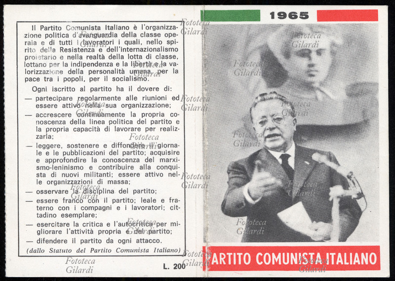 PARTITO COMUNISTA ITALIANO Tessera del P.C.I. con in copertina, oltre al nome del Partito e all\