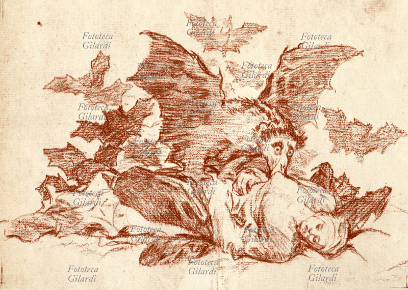 Francisco de GOYA [1746-1828] Un vampiro succhia la vita alla sua ennesima vittima. Disegno in matita sanguigna dalla serie \