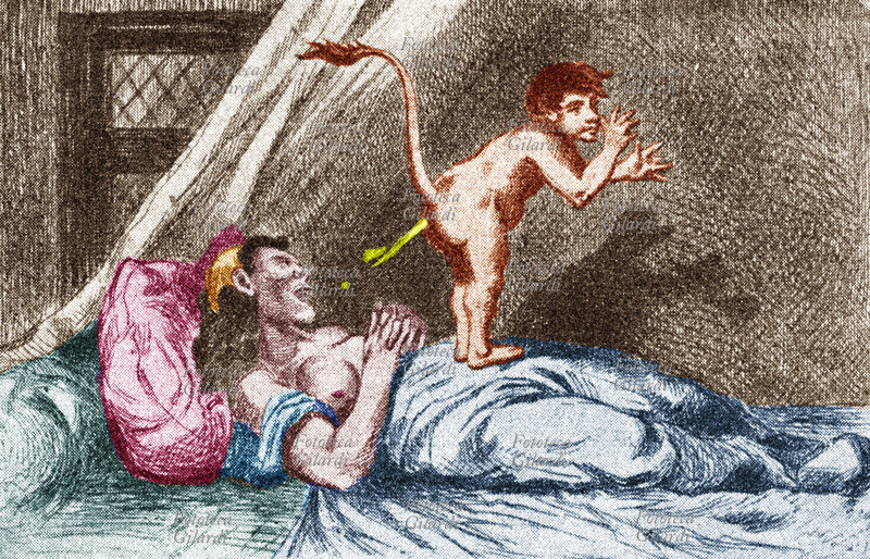 DEMONE petomane, disturba il sonno di una donna. Illustrazione da \