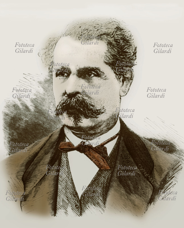 Francesco DE SANCTIS (1817-1883) ritratto dello storico e Ministro della Pubblica Istruzione. Incisione colorata, Italia 1878.