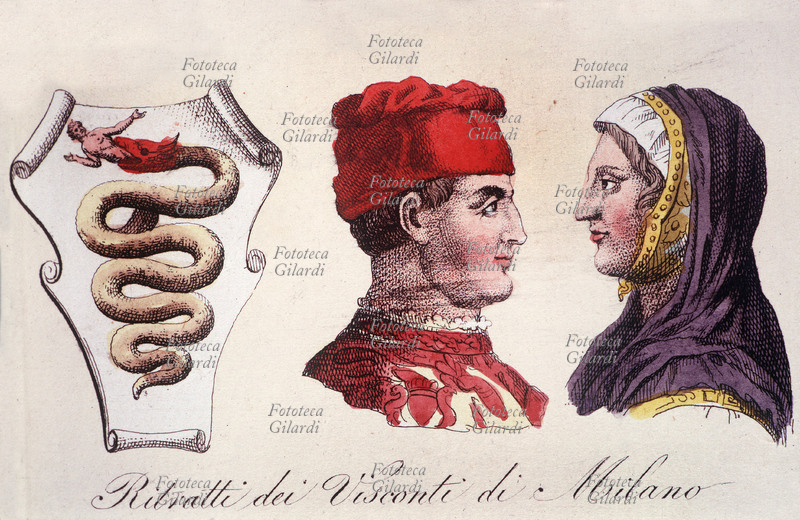 VISCONTI lo stemma della casata e ritratti di Filippo, Conte di Pavia figlio di Giovanni Galeazzo. Sposò Beatrice Tenda e divenne duca di Milano nel 1412. Morì nel 1447 ultimo dei Visconti ai quali succedettero gli Sforza.