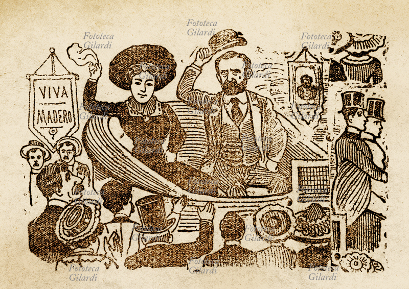 José Guadalupe POSADA (1852-1913) Francisco Madero, il ricco liberale eletto presidente con il sostegno dei rivoluzionari di Villa e Zapata, entra trionfalmente a Città del Messico, circondato dalla folla acclamante. Al suo fianco la moglie Donna Sara. Incisione xilografia, Messico 1911