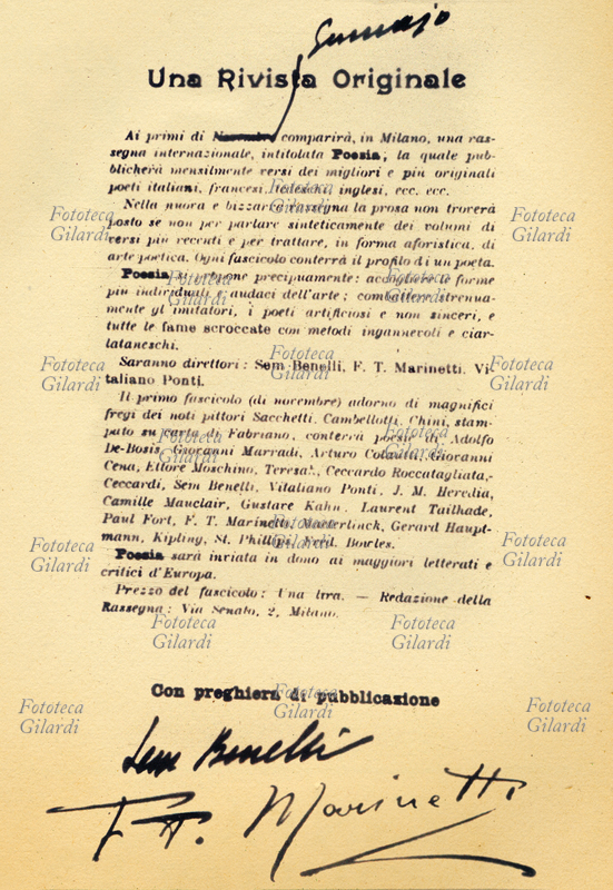 FUTURISMO stampa fac-simile del comunicato stampa annunciante la fondazione della rivista futurista \