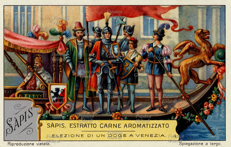VENEZIA (4) Dopo la consacrazione il Doge col suo seguito prendeva posto nella gondola di stato che accompagnata da una moltitudine di altre gondole lo conduceva alla sua nuova residenza: il Palazzo dei Dogi. Qui veniva dato un grandioso ricevimento alla nobiltà e agli ambasciatori. Cromolitografia, figurina Liebig: \